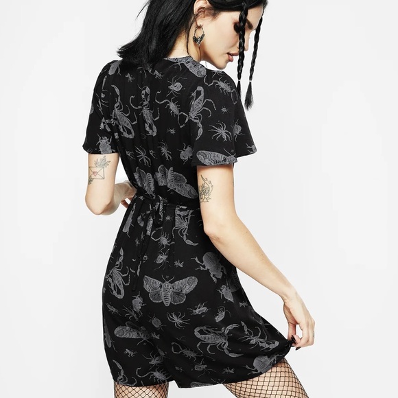 DISTURBIA Parasite Playsuit Black V-Neck Romper Bugs Print Goth w/ Tie (Size 8) - Picture 4 of 13